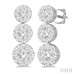 1 Ctw Hanging Triple Mount Lovebright Round Cut Diamond Earrings in 14K White Gold