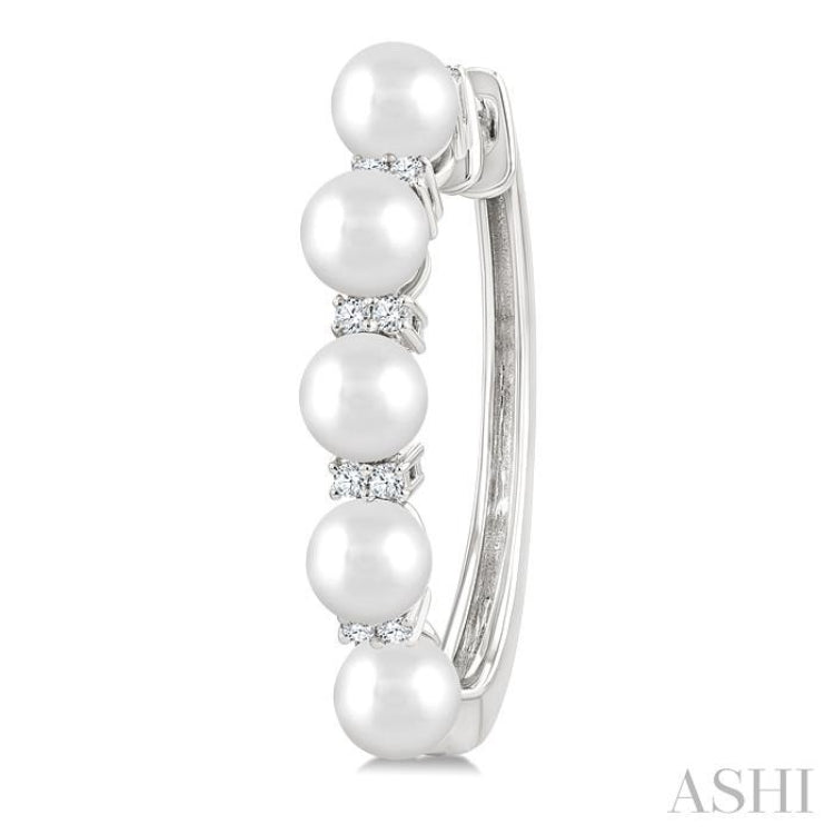 1/6 Ctw 4MM White Pearl and Round Cut Diamond Fashion Hoop Earrings in 10K White Gold