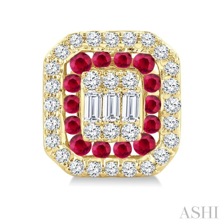 1/3 Ctw Octagonal Shape 1.25MM Round Cut Ruby, Baguette and Round Cut Diamond Fusion Precious Stud Earrings in 14K Yellow Gold