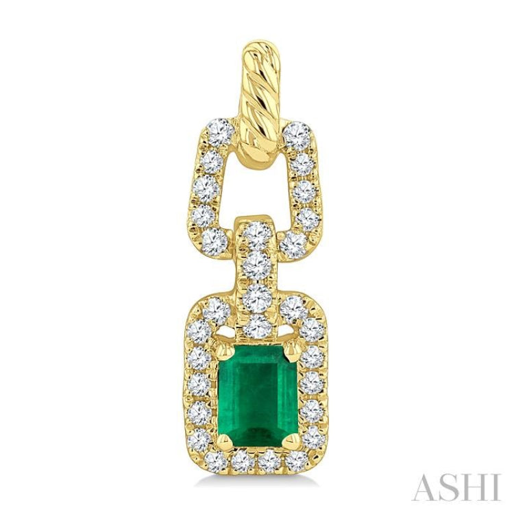 1/4 Ctw 4X3MM Octagon Shape Emerald and Round Cut Diamond Halo Precious Link Earrings in 14K Yellow Gold