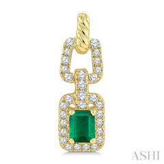 1/4 Ctw 4X3MM Octagon Shape Emerald and Round Cut Diamond Halo Precious Link Earrings in 14K Yellow Gold