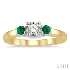 2.70 MM Round Shape Emerald and 1/3 Ctw Past Present and Future Round Cut Diamond Precious Ring in 14K Yellow and White Gold