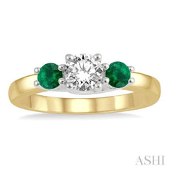 3.50 MM Round Shape Emerald and 3/8 Ctw Past Present and Future Round Cut Diamond Precious Ring in 14K Yellow and White Gold