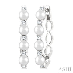 1/4 Ctw 4MM White Pearl and Round Cut Diamond Fashion Hoop Earrings in 14K White Gold
