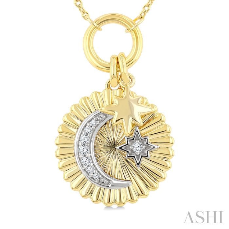 1/20 Ctw Fluted Medallion Crescent Moon & Star Charm Round Cut Diamond Pirouette Fashion Pendant With Chain in 10K Yellow and White Gold