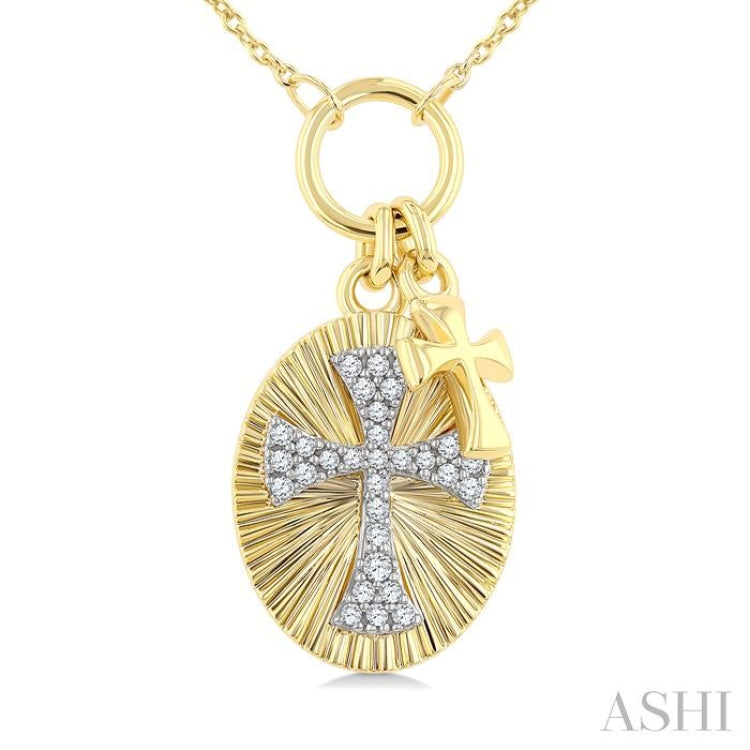 1/6 Ctw Fluted Oval-Shaped Medallion Byzantine Cross Charm Round Cut Diamond Pirouette Fashion Pendant With Chain in 10K Yellow and White Gold