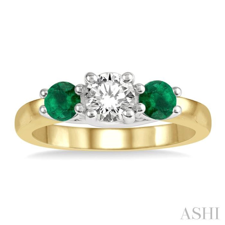 3.90 MM Round Shape Emerald and 1/2 Ctw Past Present and Future Round Cut Diamond Precious Ring in 14K Yellow and White Gold