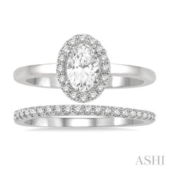 3/8 Ctw Round Cut Diamond Wedding Set With 1/3 Ct Halo 1/4 Ct Oval Cut Center Stone Engagement Ring and 1/10 Ct Wedding Band in 14K White Gold