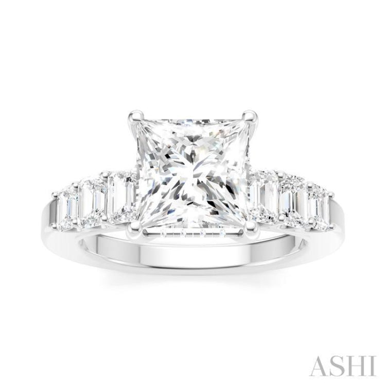1 Ctw Princess Shape Emerald and Round Cut Diamond Semi-Mount Engagement Ring in 14K White Gold