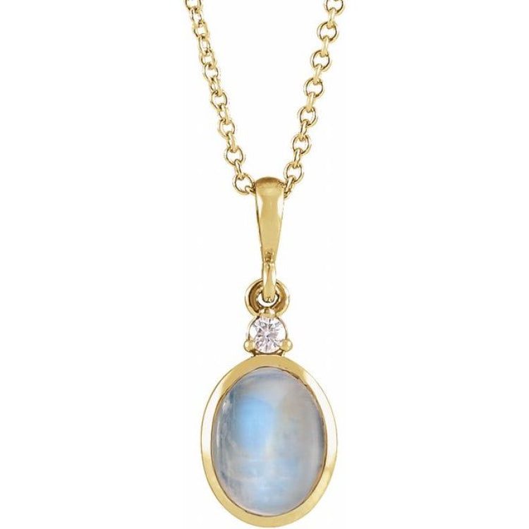 14K Yellow Gold 6x4 mm Natural Rainbow Moonstone & .015 CT Natural Diamond 16-18" Necklace