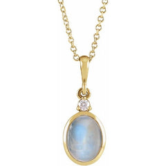 14K Yellow Gold 8x6 mm Natural Rainbow Moonstone & .03 CT Natural Diamond 16-18" Necklace