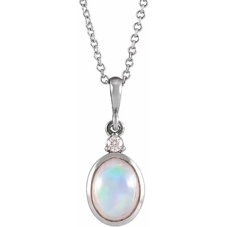 14K White Gold 6x4 mm Natural Ethiopian Opal & .015 CT Natural Diamond 16-18" Necklace