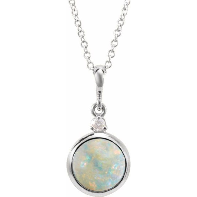 Sterling Silver 8 mm Natural White Opal & .03 CT Natural Diamond Cabochon 16-18" Necklace