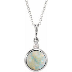 Sterling Silver 6 mm Natural White Opal & .03 CT Natural Diamond Cabochon 16-18" Necklace