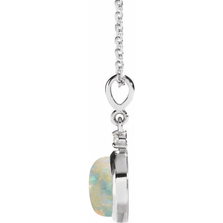 Platinum 6 mm Natural White Opal & .03 CT Natural Diamond Cabochon 16-18" Necklace