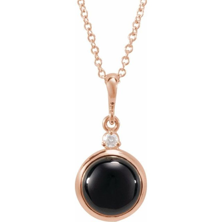 14K Rose Gold 6 mm Natural Black Onyx & .03 CT Natural Diamond Cabochon 16-18" Necklace