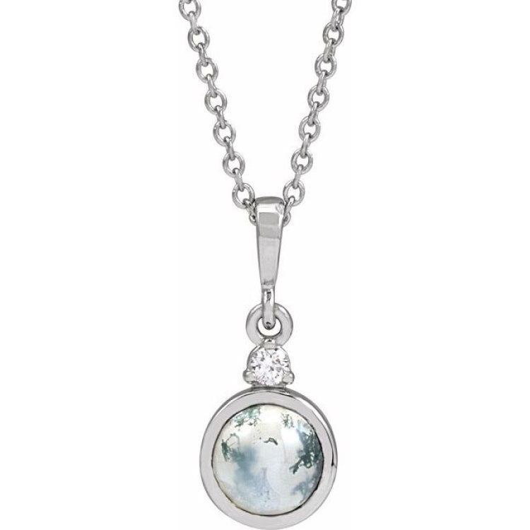 Sterling Silver 6 mm Natural Moss Agate & .03 CTW Natural Diamond 16-18" Necklace