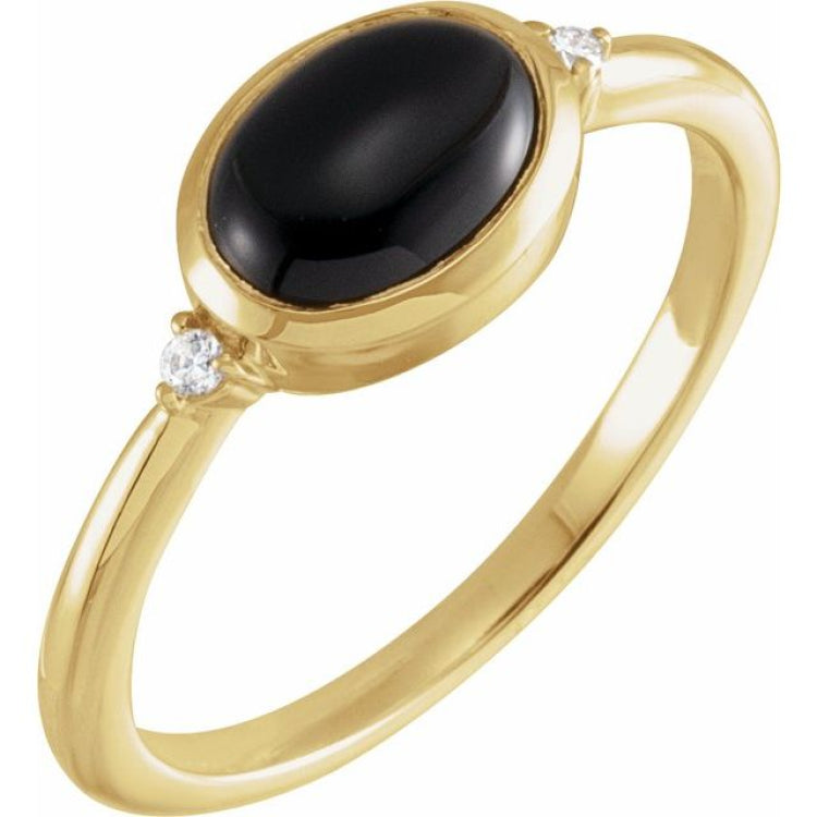 14K Yellow Gold 9x7 mm Round Natural Black Onyx & .03 CTW Natural Diamond Ring
