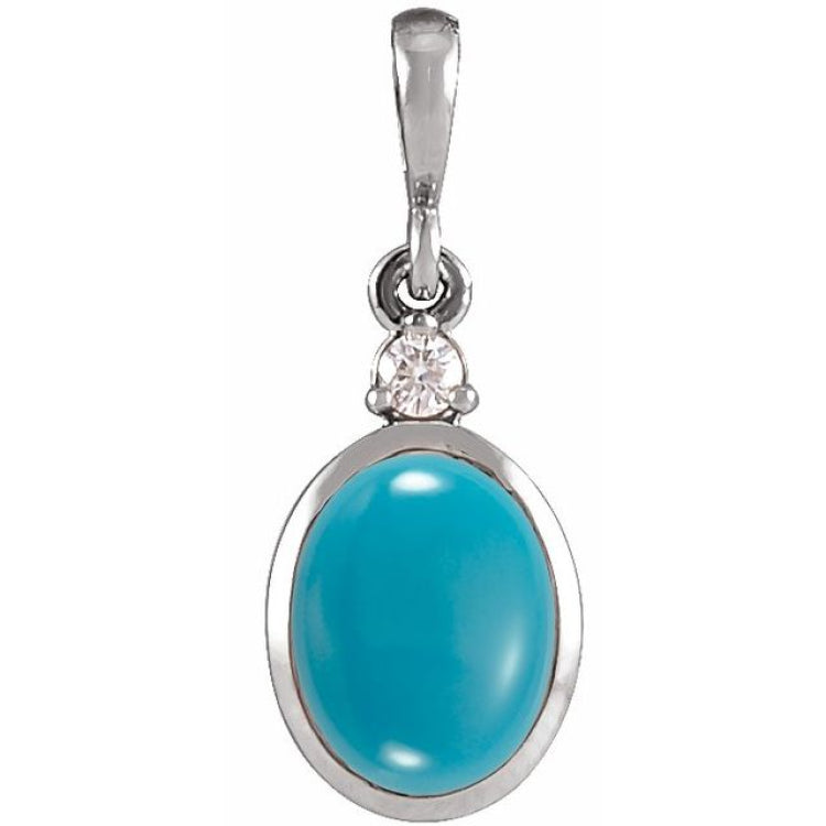 14K White Gold 12x10 mm Natural Turquoise & .03 CT Natural Diamond Cabochon Pendant