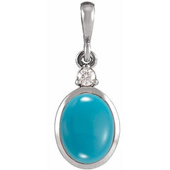 14K White Gold 12x10 mm Natural Turquoise & .03 CT Natural Diamond Cabochon Pendant