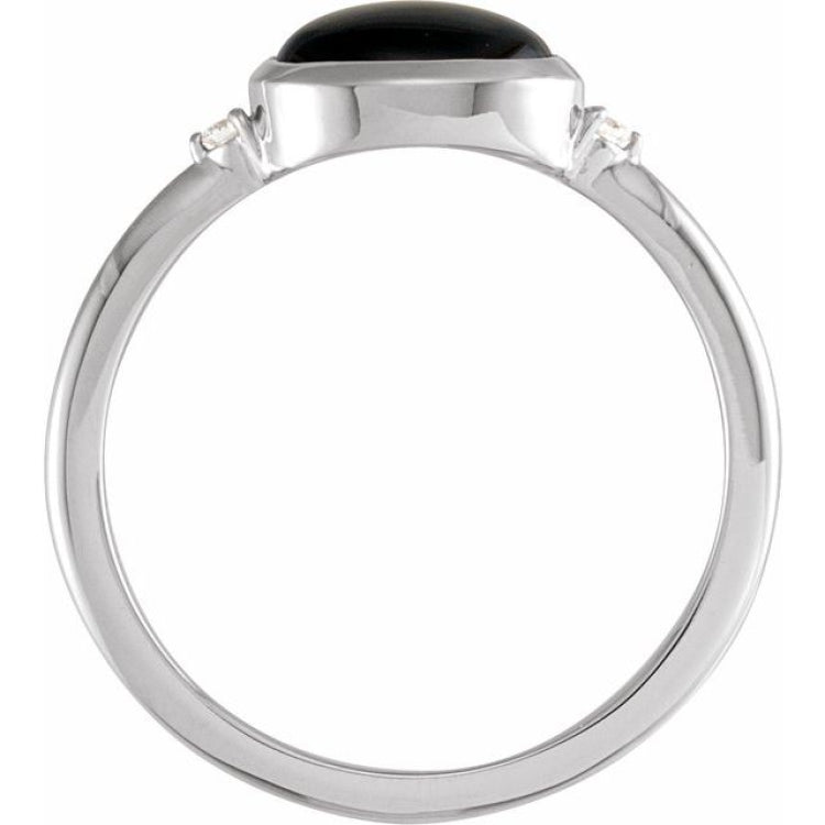 Sterling Silver10x8 mm Round Natural Black Onyx & .03 CTW Natural Diamond Ring