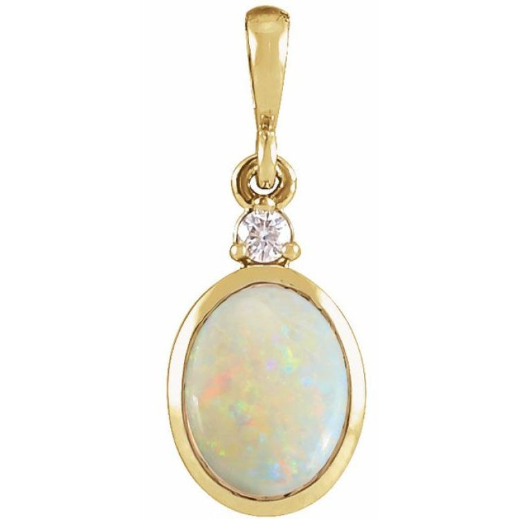 14K Yellow Gold 5x3 mm Natural White Opal & .02 CT Natural Diamond Cabochon Pendant