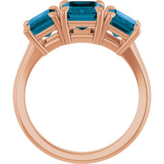 14K Rose Gold 8x6 mm Emerald Natural London Blue Topaz Three-Stone Ring