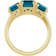 14K Yellow Gold 8x6 mm Emerald Natural London Blue Topaz Three-Stone Ring