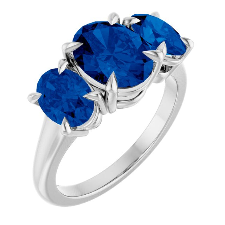 Sterling Silver 9x7 mm Oval Lab-Grown Blue Sapphire Three-Stone Ring
