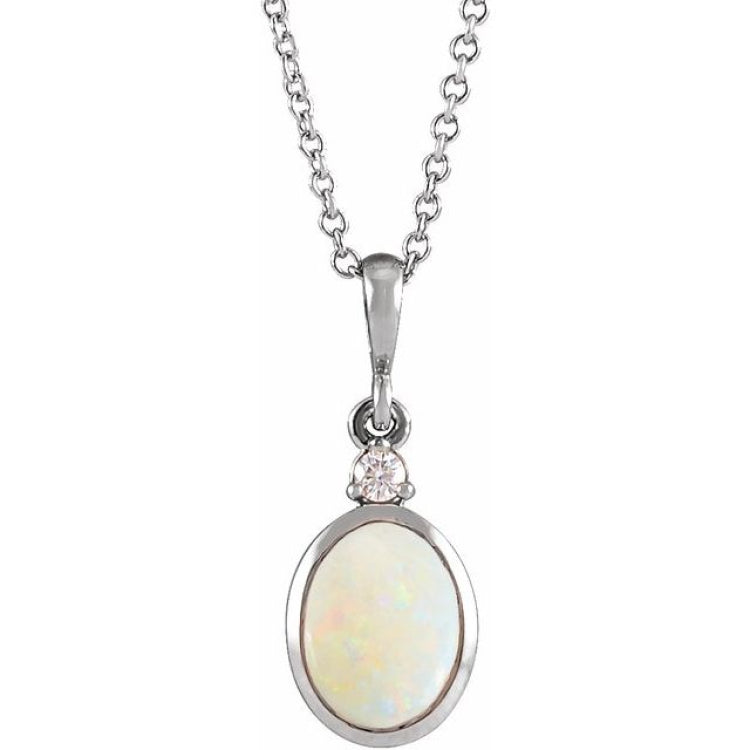 Sterling Silver 12x10 mm Natural White Opal & .03 CT Natural Diamond 16-18" Necklace