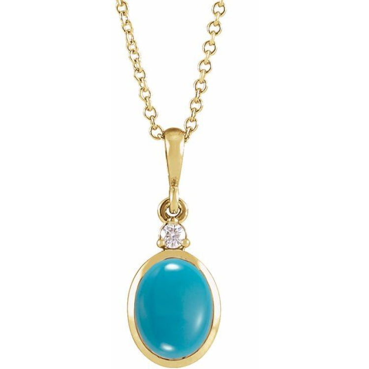 14K Yellow Gold 10x8 mm Natural Turquoise & .03 CT Natural Diamond 16-18" Necklace
