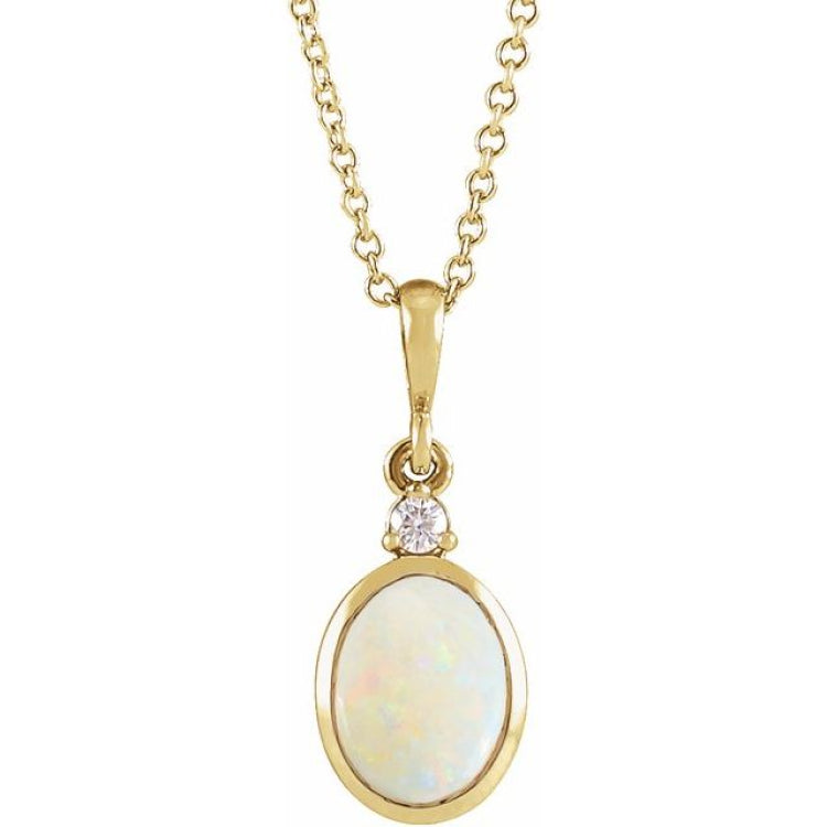 14K Yellow Gold 9x7 mm Natural White Opal & .03 CT Natural Diamond 16-18" Necklace