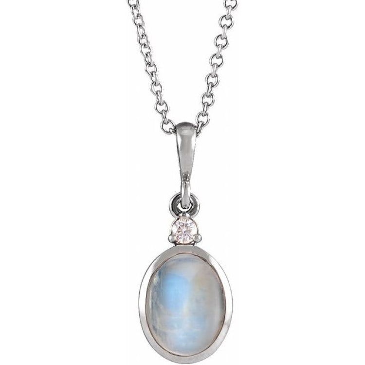 Platinum 10x8 mm Natural Rainbow Moonstone & .03 CT Natural Diamond 16-18" Necklace