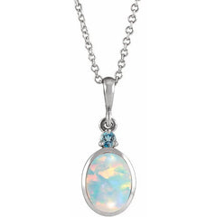 14K White Gold 5x3 mm Lab-Grown White Opal & Natural London Blue Topaz 16-18" Necklace