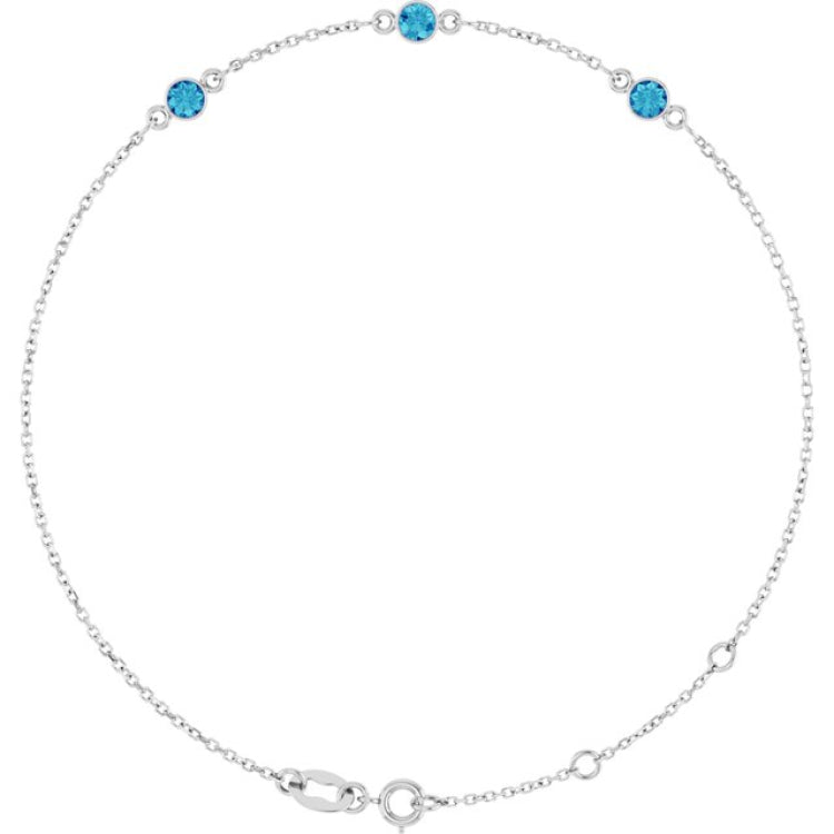 14K White Gold Natural Blue Zircon Bezel-Set 3-Stone 6 1/2-7 1/2" Bracelet