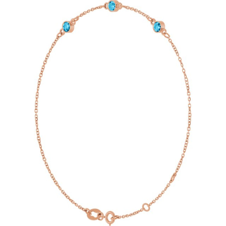 14K Rose Gold Natural Aquamarine Bezel-Set 3-Stone 6 1/2-7 1/2" Bracelet