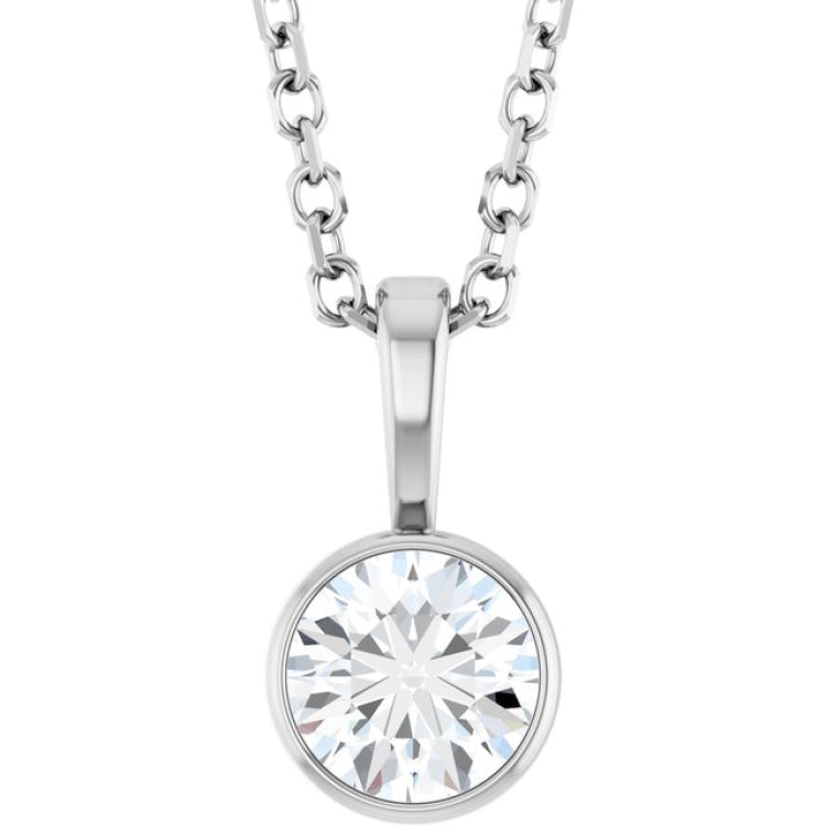 14K White Gold 1/3 CT Natural Diamond Bezel-Set Solitaire 16-18" Necklace