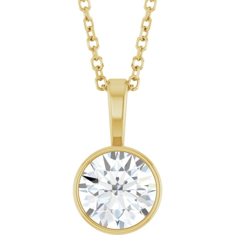 14K Yellow Gold 9/10 CT Natural Diamond Bezel-Set Solitaire 16-18" Necklace