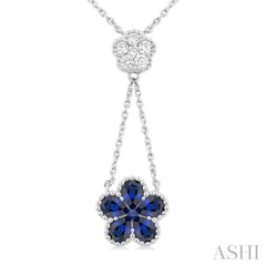 4x3 MM Pear Cut & 1.8 MM Round Sapphire and 1/5 Ctw Round Cut Diamond Floral Blossom Precious Necklace in 14K White Gold