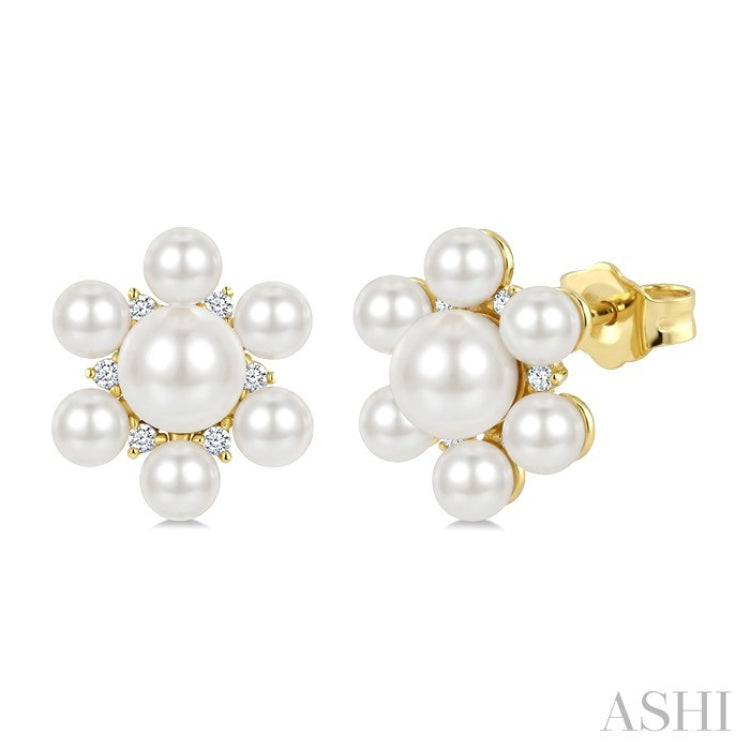 3MM & 5.5MM White Cultured Pearl and 1/10 Ctw Floral Round Cut Diamond Fashion Earrings in 10K Yellow Gold