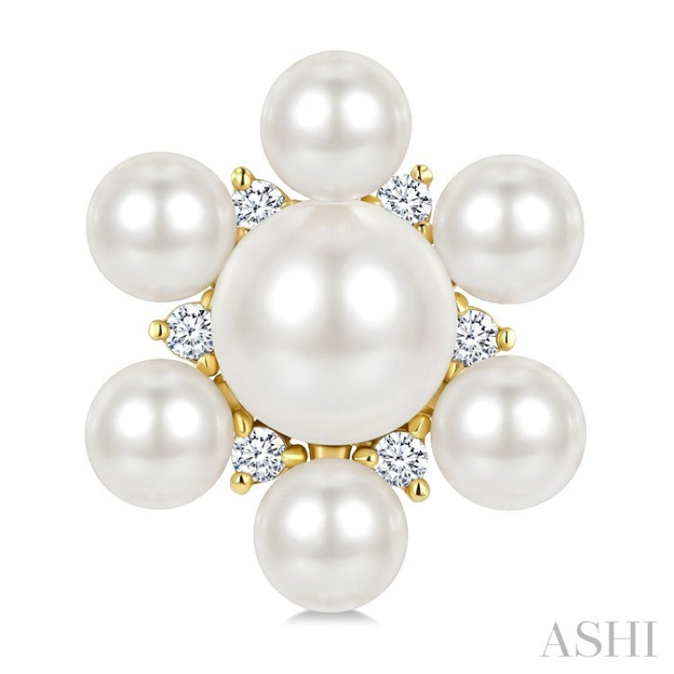 3MM & 5.5MM White Cultured Pearl and 1/10 Ctw Floral Round Cut Diamond Fashion Earrings in 10K Yellow Gold