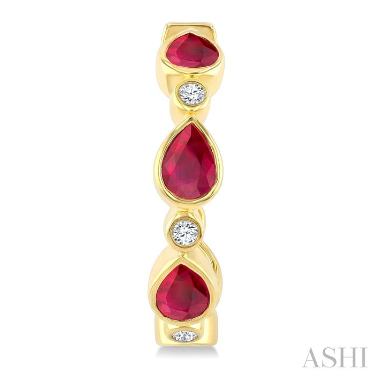 4X3 MM Pear Shape Ruby and 1/20 Ctw Bezel Set Round Cut Diamond Fashion Hoop Earrings in 10K Yellow Gold