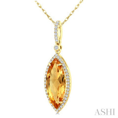 16X7 MM Evoque Gemstone Marquise Shape Citrine and 1/5 Ctw Round Cut Diamond Semi-Precious Pendant With Chain in 10K Yellow Gold