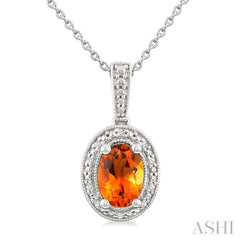7X5 MM Oval Shape Citrine and 1/50 Ctw Round Cut Diamond Semi-Precious Pendant With Chain in Sterling Silver