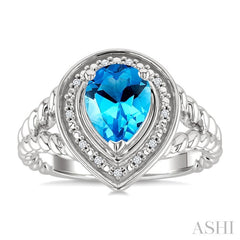 9X6MM Pear Cut Blue Topaz and 1/20 Ctw Round Cut Diamond Semi-Precious Ring in Sterling Silver
