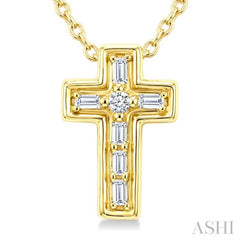 1/20 Ctw Baguette and Round Cut Diamond Cross Shape Fashion Pendant With Chain in 10K Yellow Gold