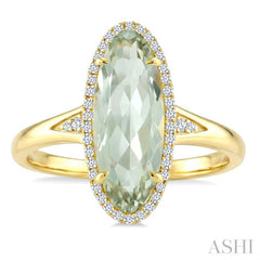 16X6 MM Evoque Gemstone Oval Shape Green Amethyst and 1/6 Ctw Round Cut Diamond Semi-Precious Ring in 10K Yellow Gold