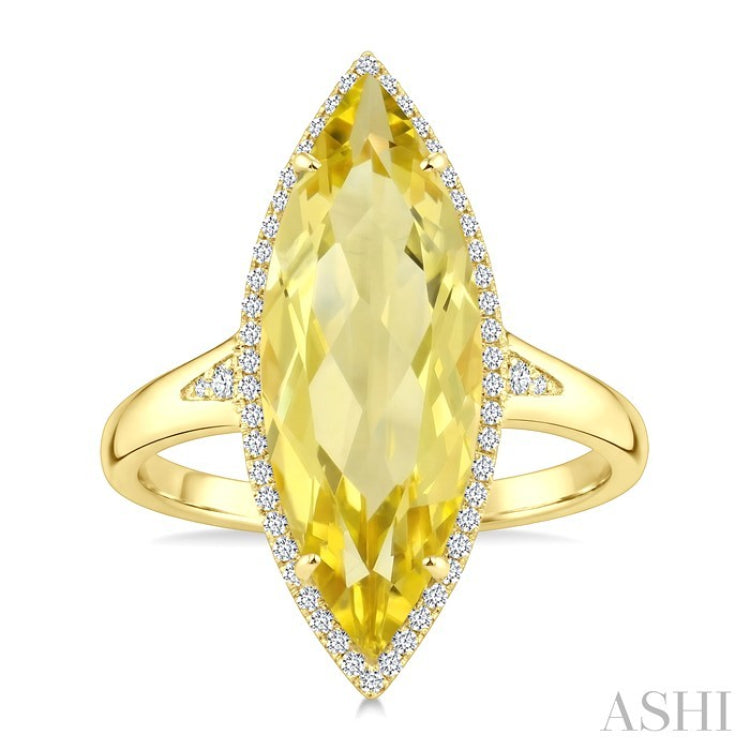 22X8 MM Evoque Gemstones Marquise Shape Lemon Quartz and 1/5 Ctw Round Cut Diamond Semi-Precious Ring in 14K Yellow Gold