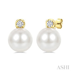 6 MM Cultured Pearl and 1/20 Ctw Round Cut Diamond Fashion Earrings in 10K Yellow Gold