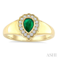 6X4 MM Pear Shape Emerald and 1/6 Ctw Round Cut Diamond Bold Precious Ring in 10K Yellow Gold